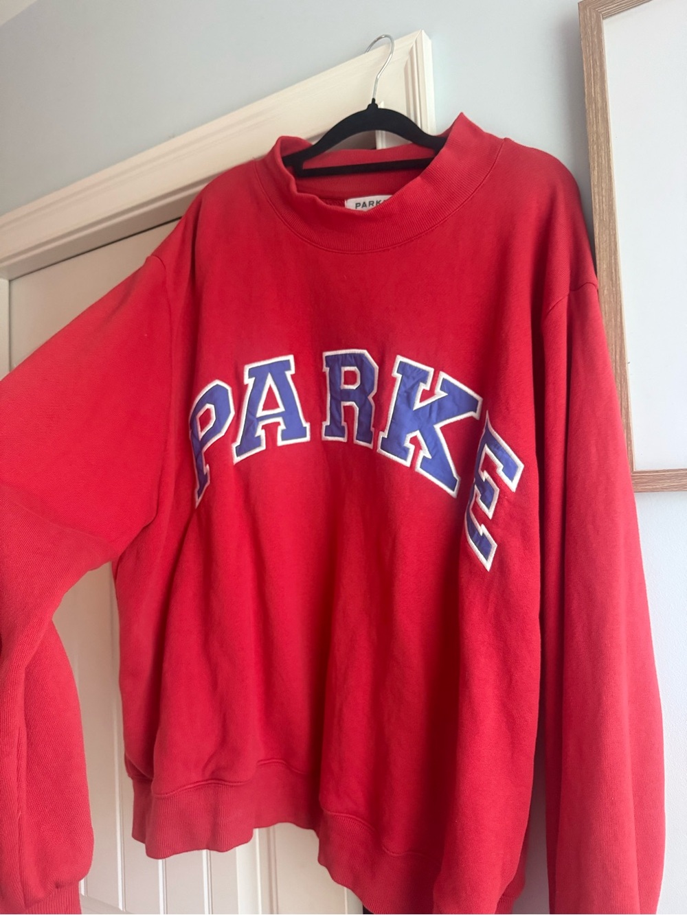 Parke Red Crewneck Sweatshirt with Blue White Lettering
